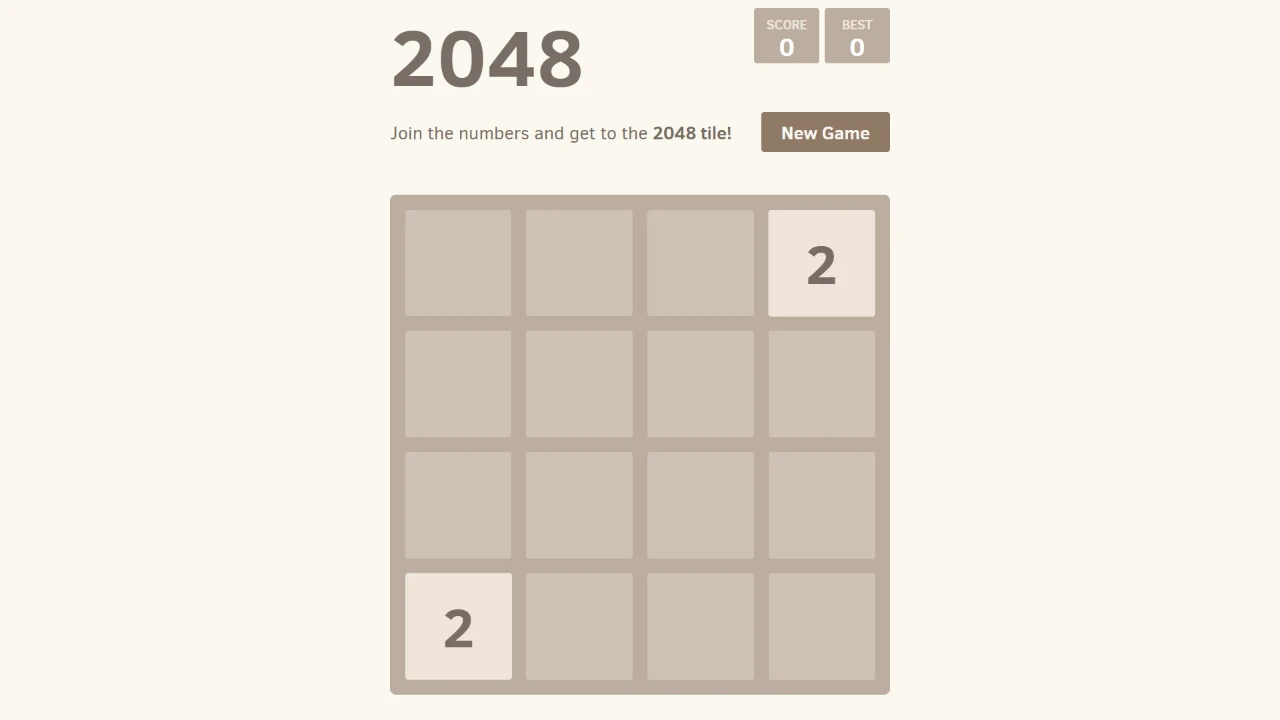 2048 opening board with two 2 tiles and a zero score