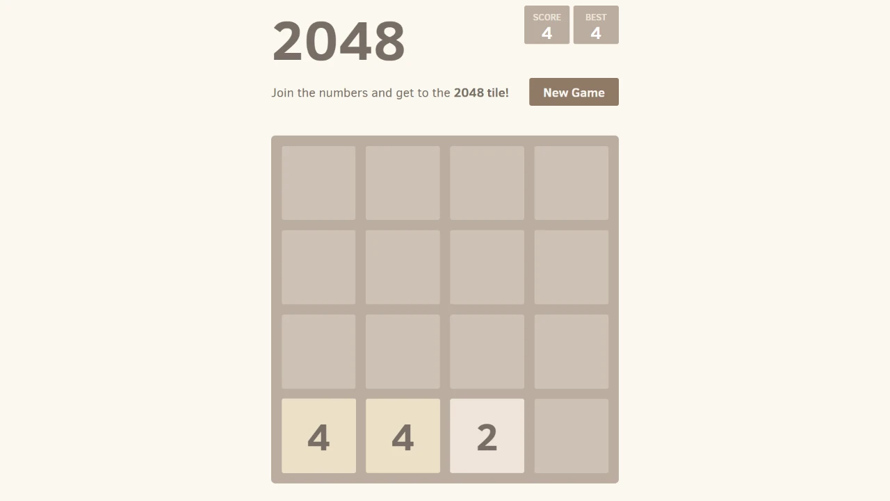 2048 board after an early merge, with two 4 tiles ready to combine