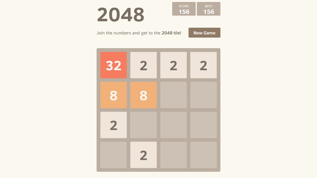2048 board with a 32 tile in the corner and adjacent 8 tiles