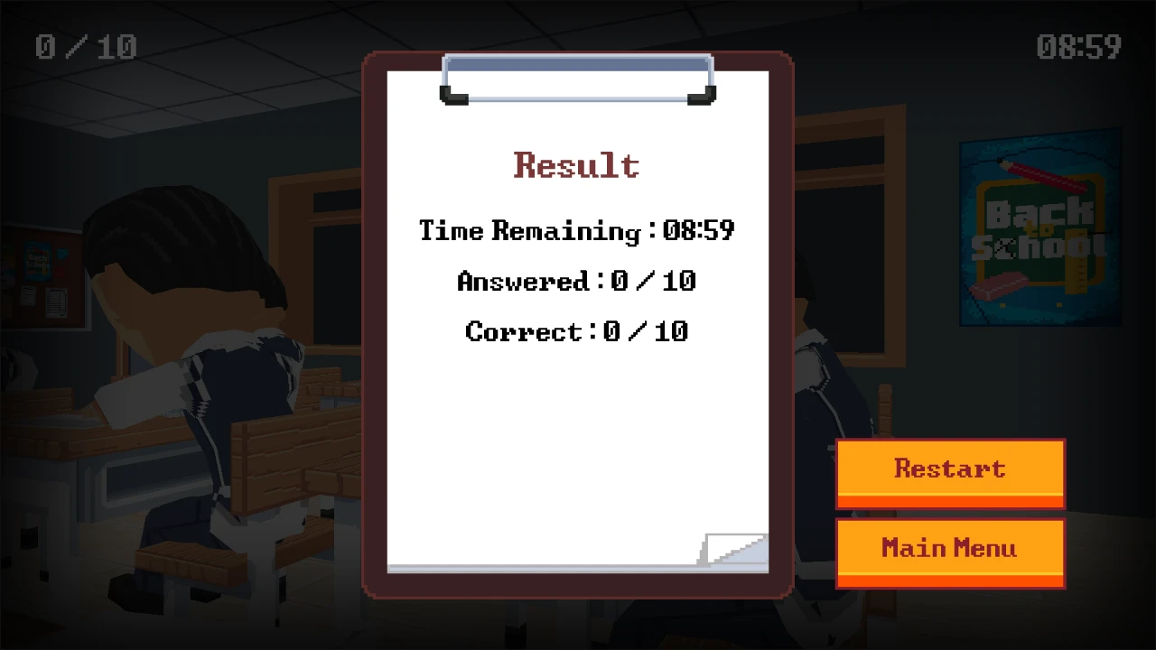 Cheat or Repeat failed exam result with remaining time and restart controls