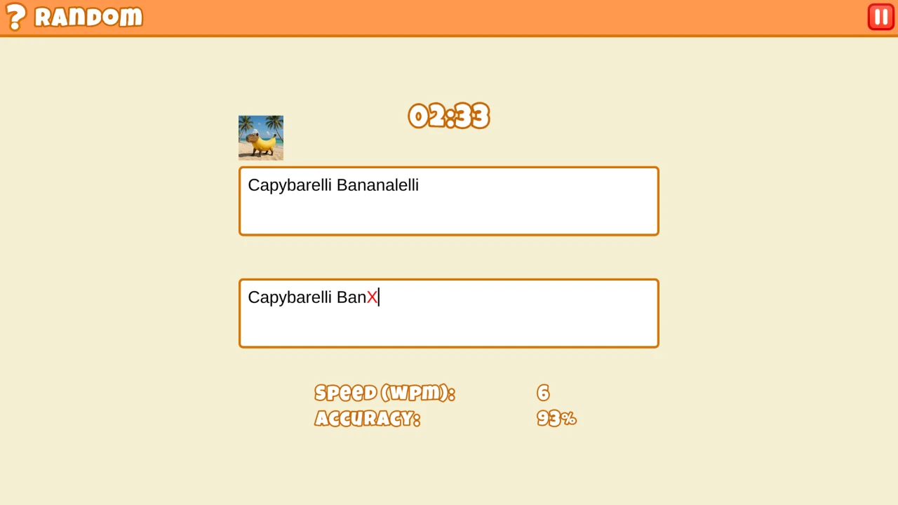Fun Typing IO typed answer with a red incorrect letter and live accuracy feedback
