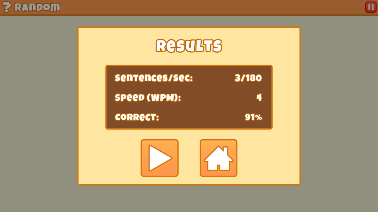 Fun Typing IO results showing three completed phrases, four WPM and 91 percent accuracy