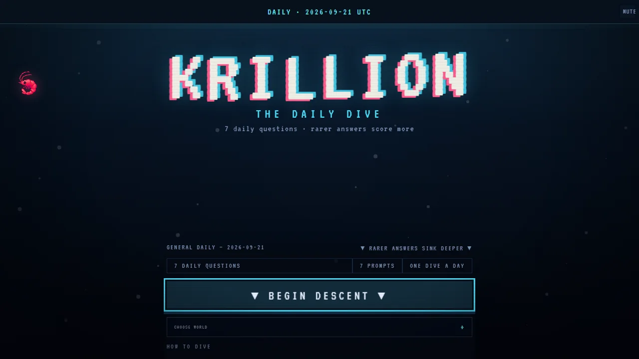 Krillion Daily Dive opening screen with seven questions and the Begin Descent button