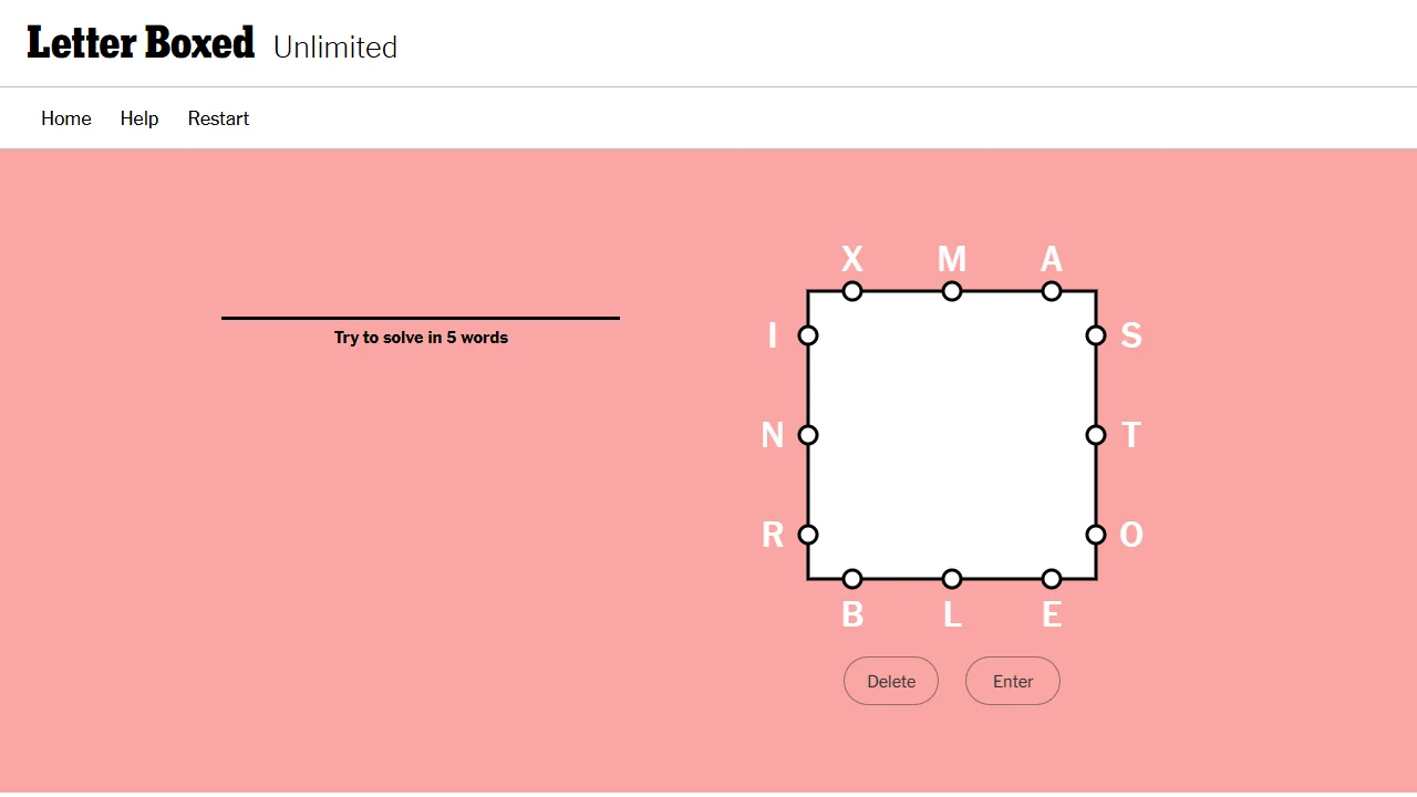 Letter Boxed opening puzzle with twelve letters on four sides