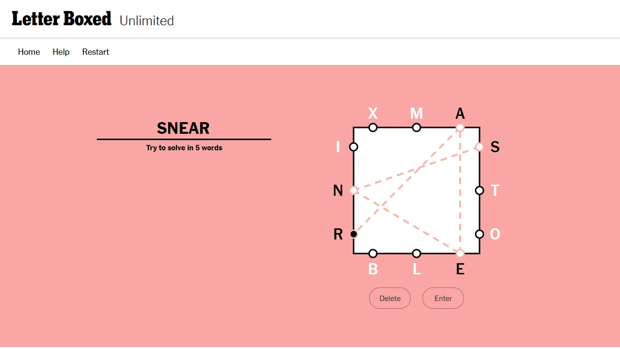 Letter Boxed progress with linked words and remaining letters