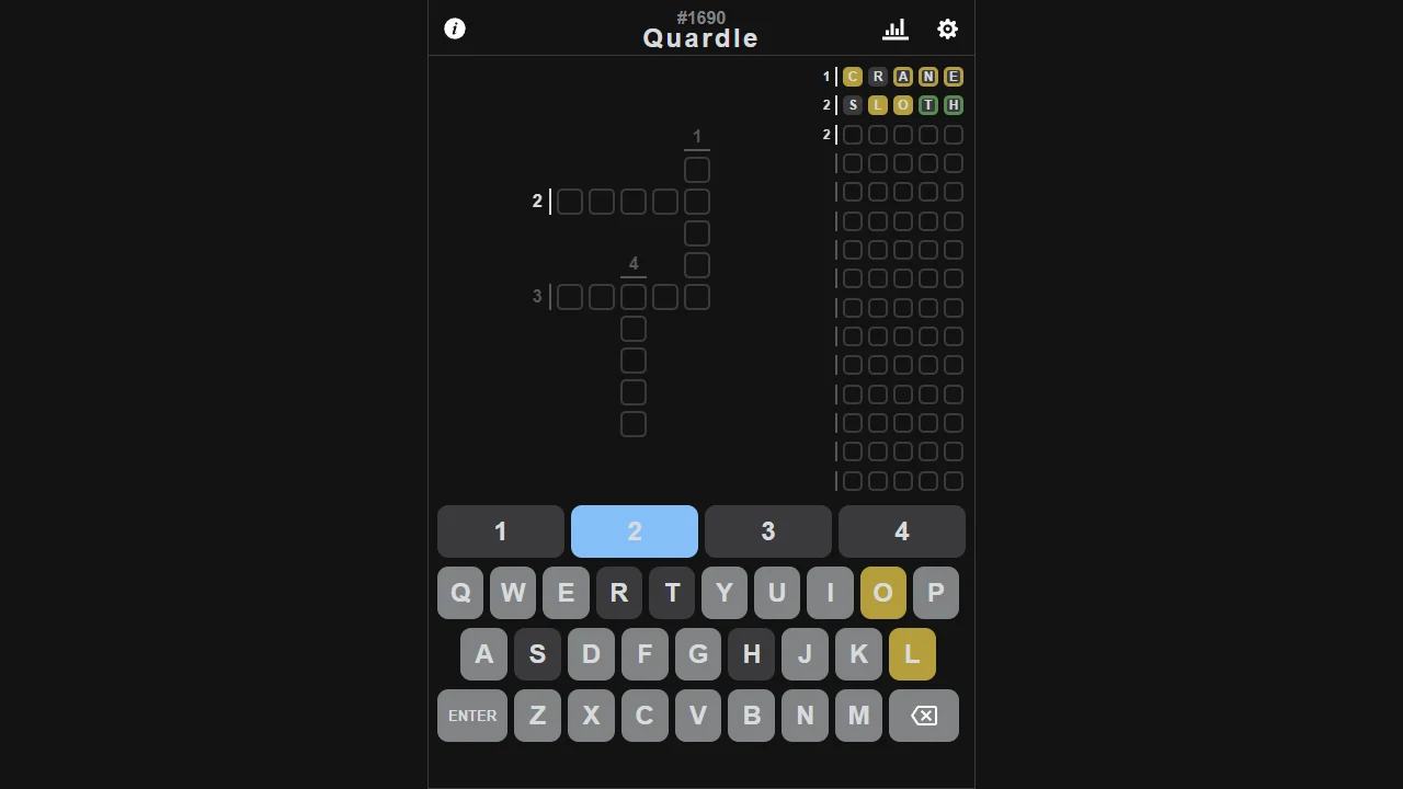 Quardle dark grid with four crossing word targets