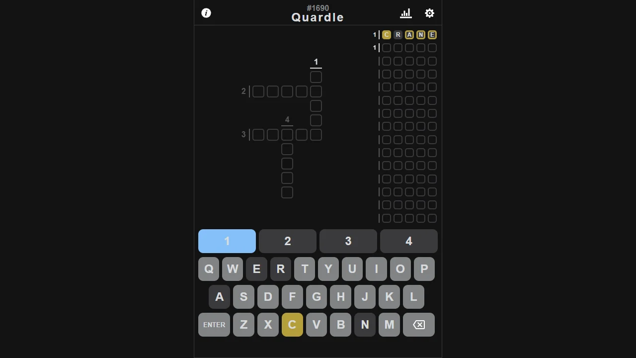 Quardle numbered crossword with word selector