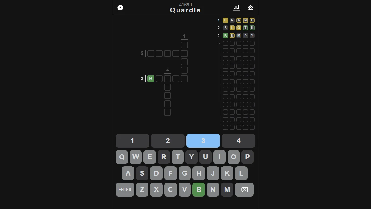 Quardle crossword progress after guesses on several selected words