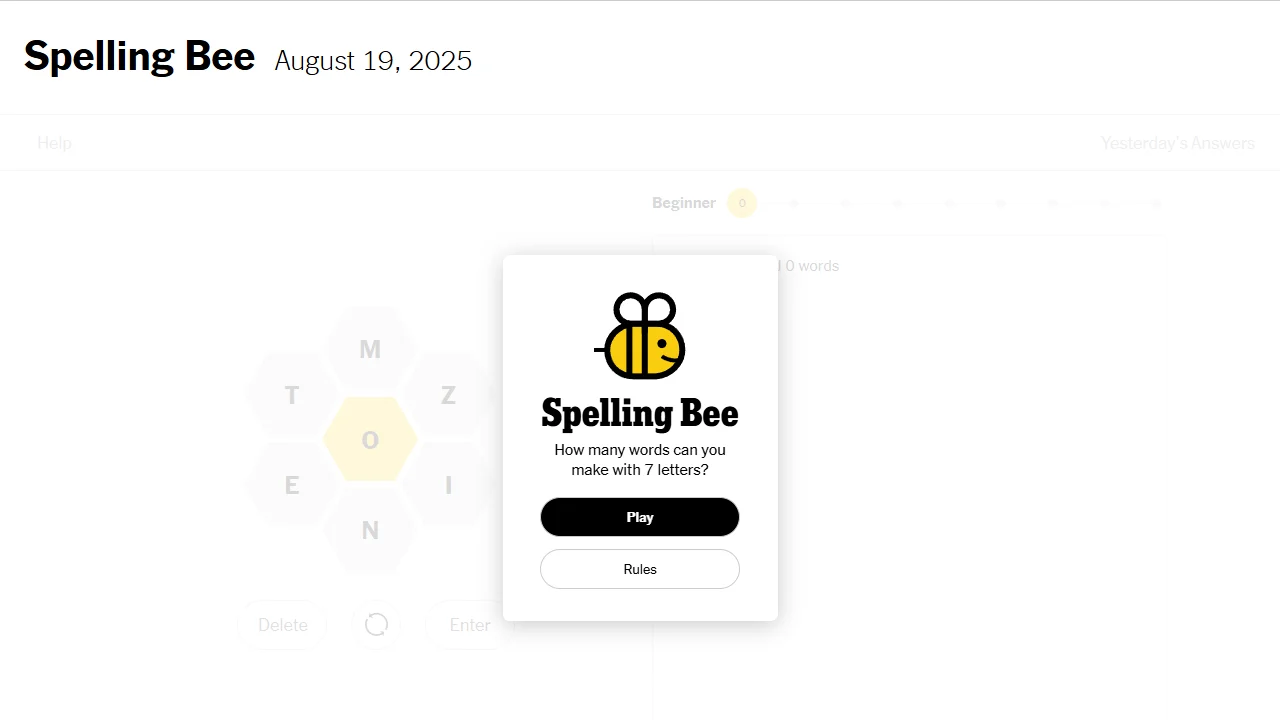 Spelling Bee honeycomb word puzzle start screen