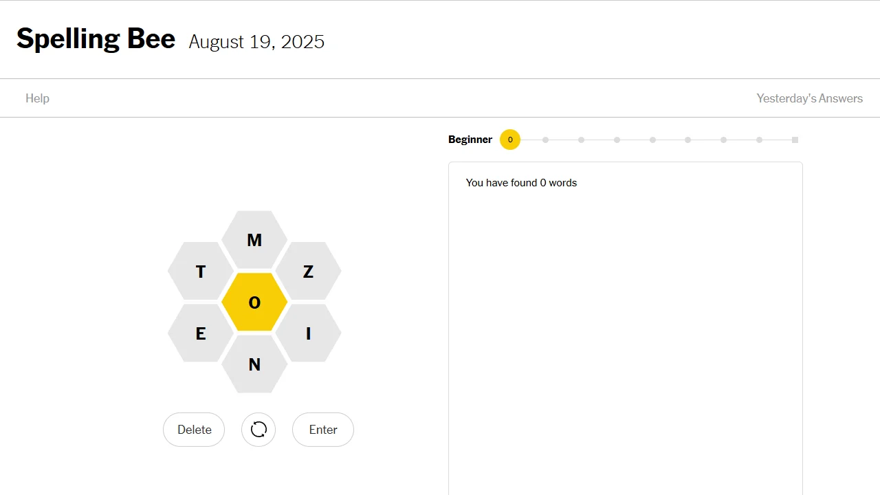 Spelling Bee archived puzzle opening with dated hive