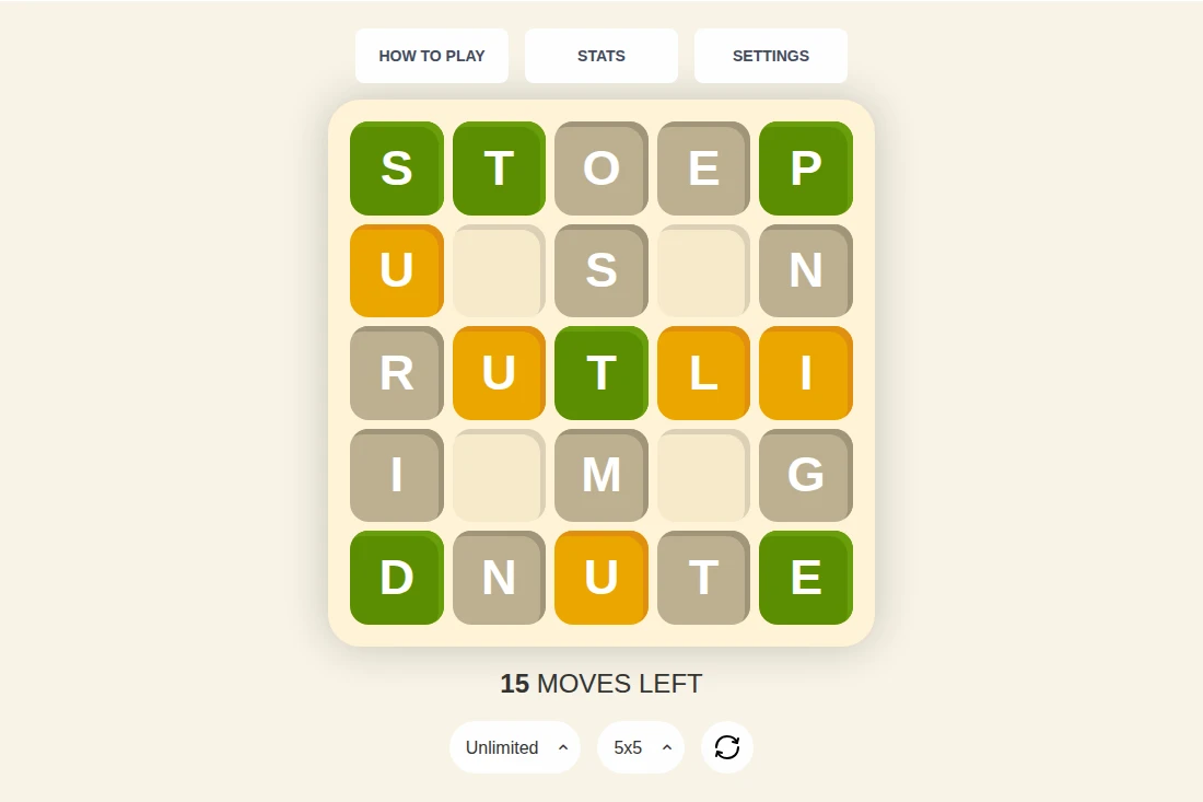 Waffle Unlimited five-by-five board with 21 letters and 15 moves