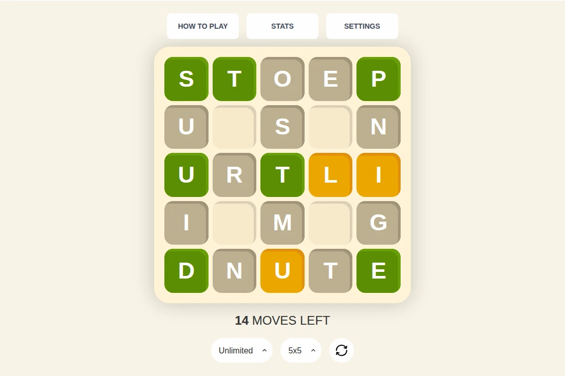 Waffle Unlimited board after swapping R and U with 14 moves left and a newly green U
