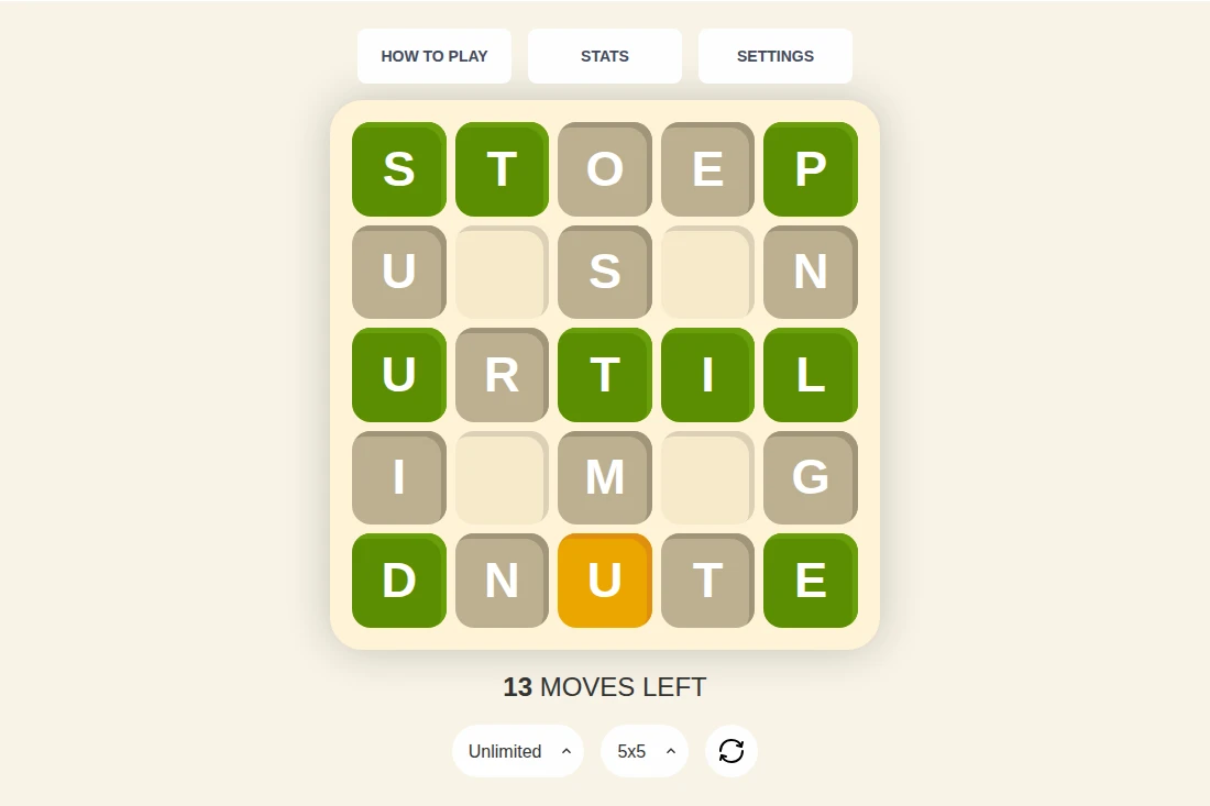 Waffle Unlimited board with 13 moves left after I and L turn green at the end of the middle row