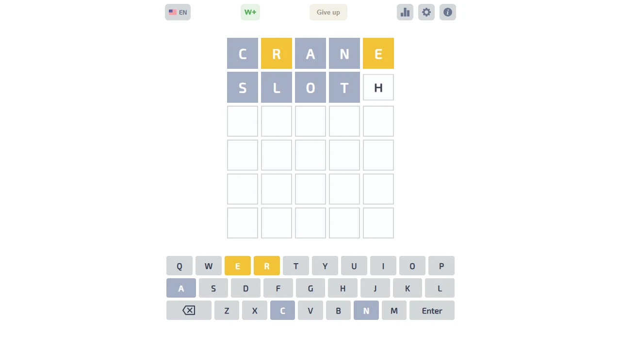 Wordle Game board with green yellow and gray letter tiles