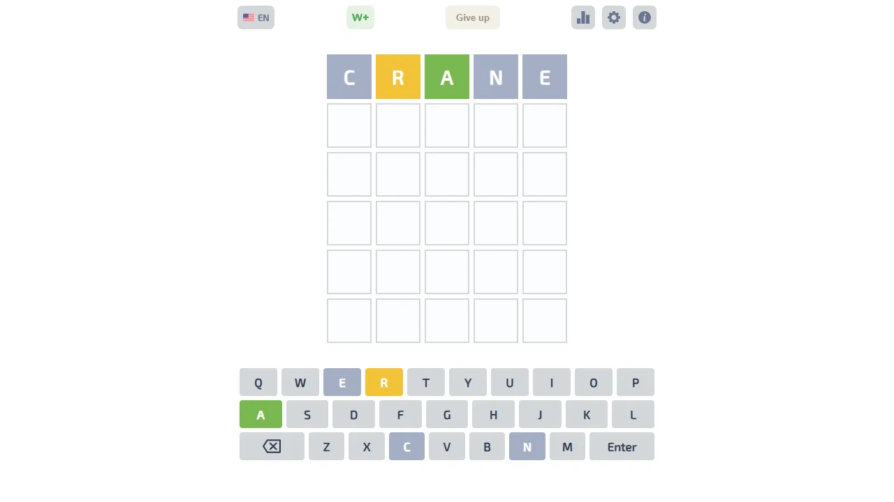 Wordle Game board showing clue feedback
