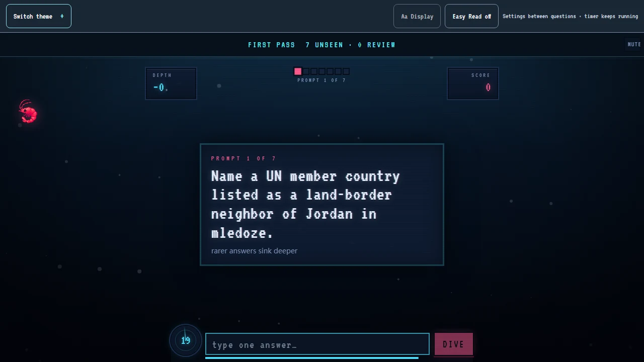 Krillion Endless Dive prompt screen with depth, prompt progress, score, countdown, answer field, and Dive button
