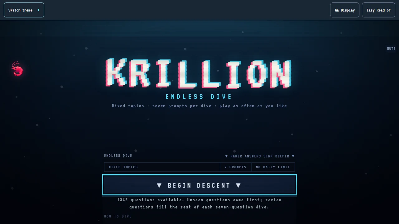 Krillion Endless Dive start screen showing mixed topics, seven prompts, no daily limit, and the Begin Descent button