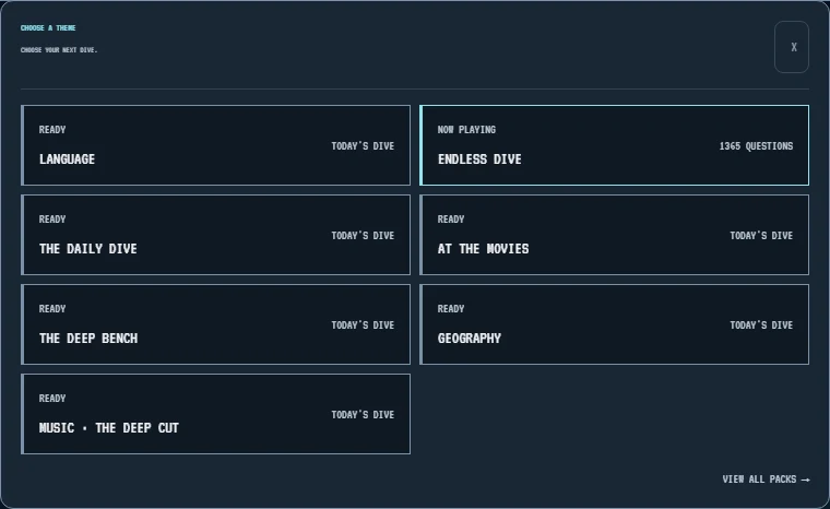 Krillion theme chooser with Endless Dive selected beside Daily Dive and themed daily packs